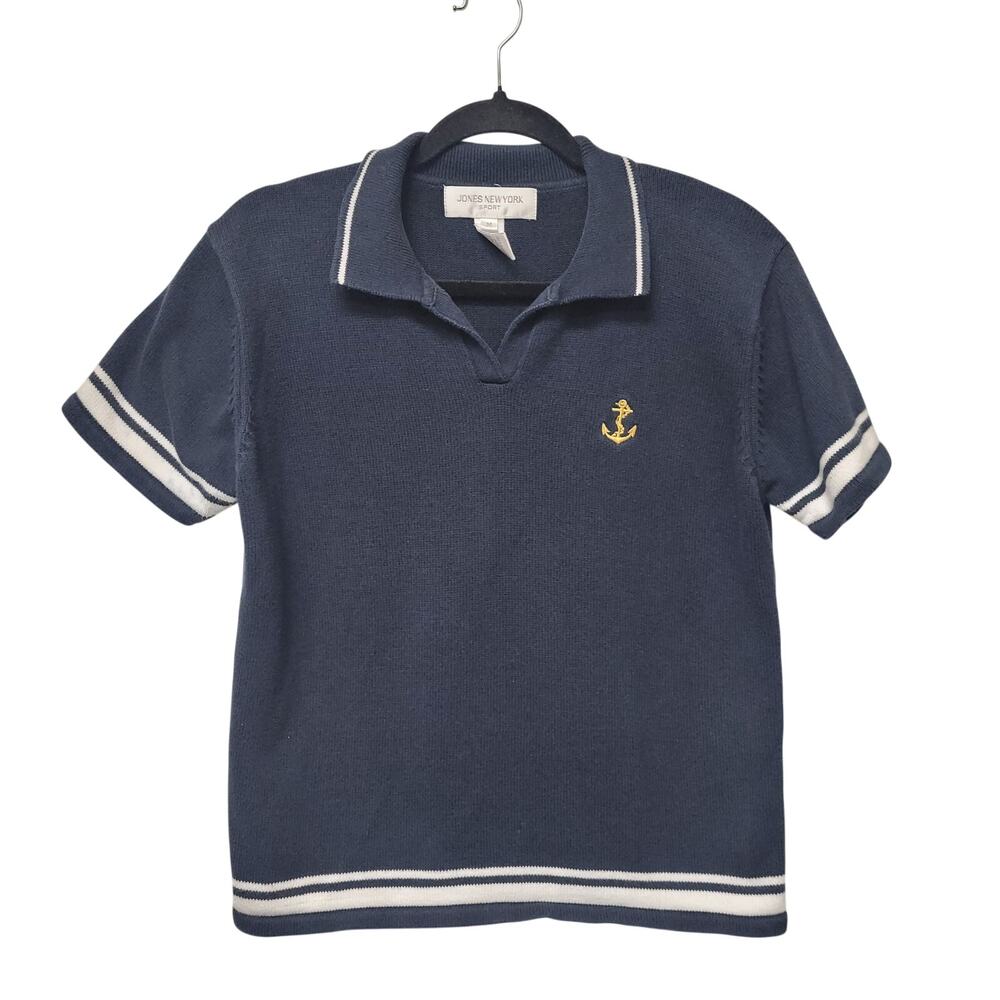 Jones New York Sport Navy Anchor Polo Shirt Sweater Tenniscore Coastal SZ M